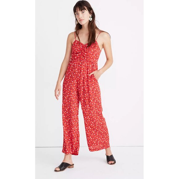 Madewell Pants - Madewell Ruched Wide-Leg Jumpsuit Sleeveless Floral Print Prairie Posies Red 2